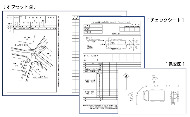 本管CAD「申請くん本管」で作成したオフセット図とチェックシートと保安図