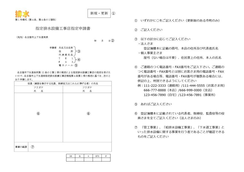 名古屋市で排水工事を行う際に提出する指定申請書の1枚目